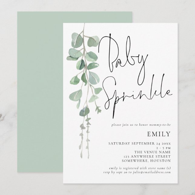 Script moderne Eucalyptus Baby Sprinkle Invitation (Devant / Derrière)