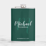 Script moderne Flacon de Groomsmen personnalisé<br><div class="desc">Ajoutez une touche personnelle à votre mariage avec un flacon de toiletteurs personnalisé. Ce flacon contient le nom des groomsmen personnalisées dans le style de police de script moderne blanc et monogramme dans le style de police de script moderne vert émeraude clair comme arrière - plan avec titre et date...</div>