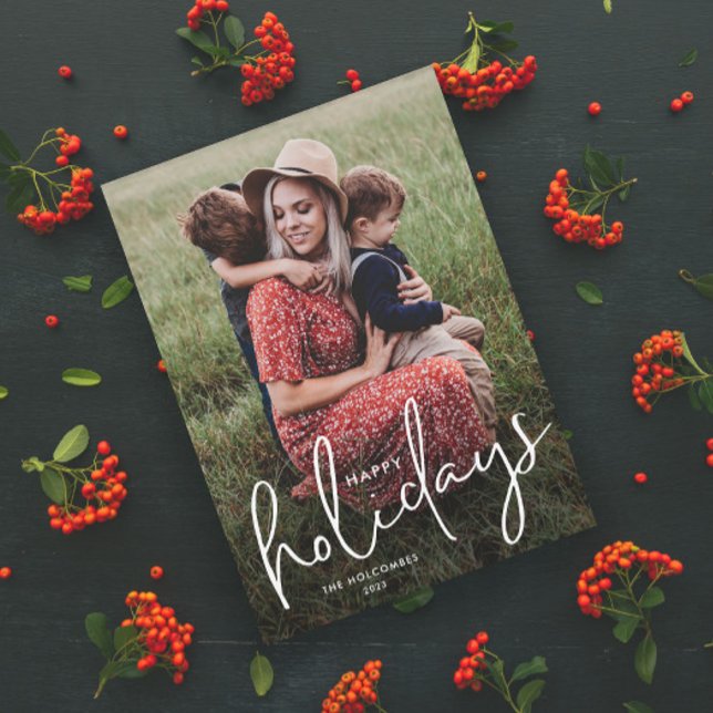 Script moderne Joyeuses Vacances Simple Photo Magn (Modern Script Happy Holidays Photo Holiday Magnetic Card with Handwritten Typographic Overlay.)