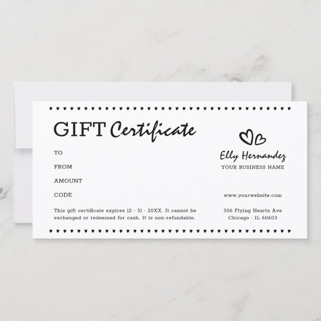Script moderne Logo Coeur Black Certificat cadeau (Devant)
