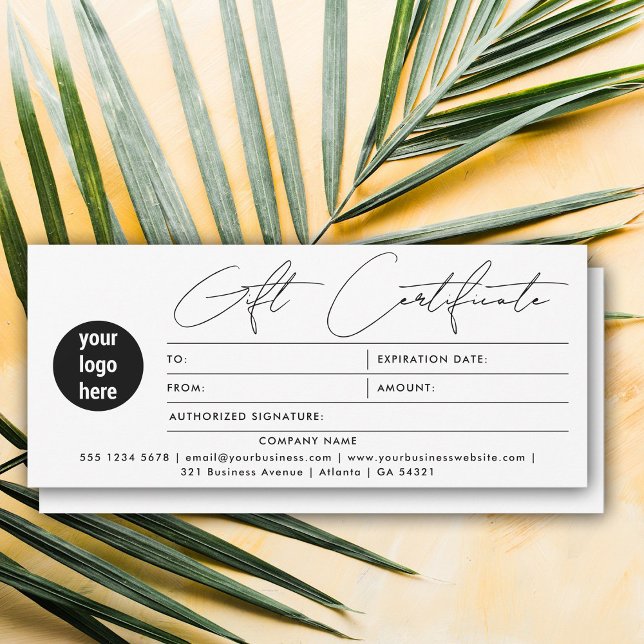 Script moderne Logo d'entreprise Certificat cadeau (Modern Script Business Logo Gift Certificate White)