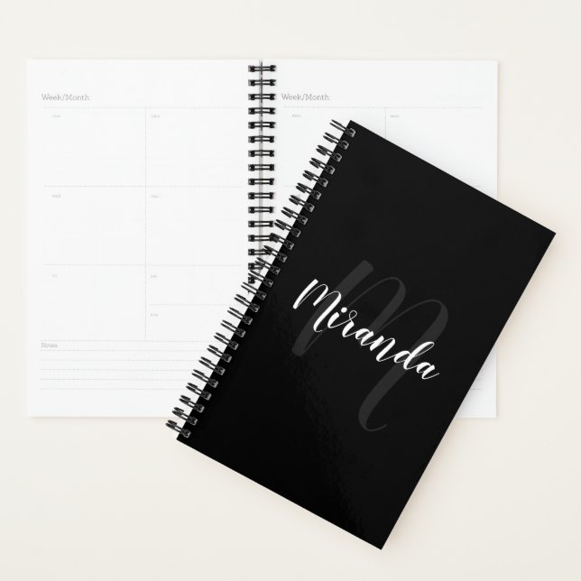 Script moderne Monogramme personnalisé et nom noir (Devant avec enveloppe)