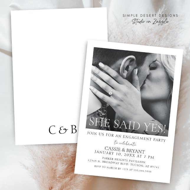 Script moderne Photo Engagement Party Invitation (Modern Minimalist Black and White She Said Yes Engagement Party Invitation with Photo)