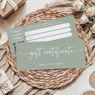 Script moderne Sage Green Certificat cadeau