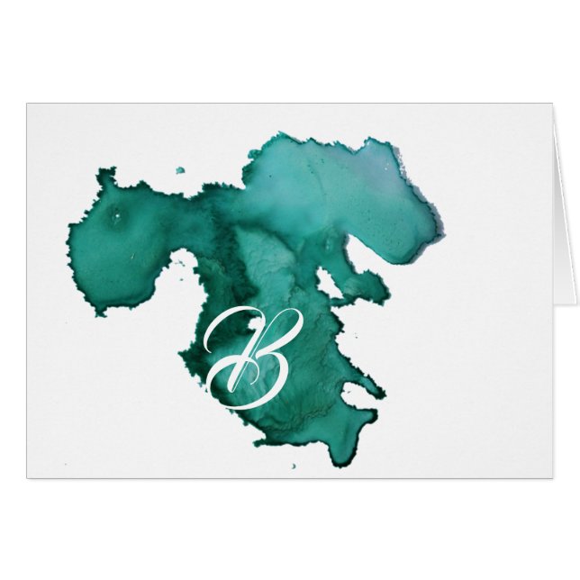 Script Monogram Note Cards- Watercolor Splat Teal (Devant horizontal)