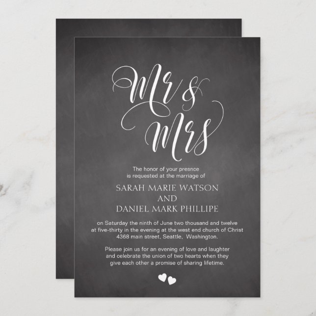 Script Mr & Mrs Wedding Inviter Carte Chalkboard (Devant / Derrière)