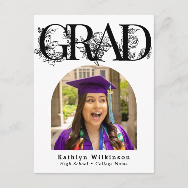 Script noir moderne Floral Graduation Invitation (Devant)