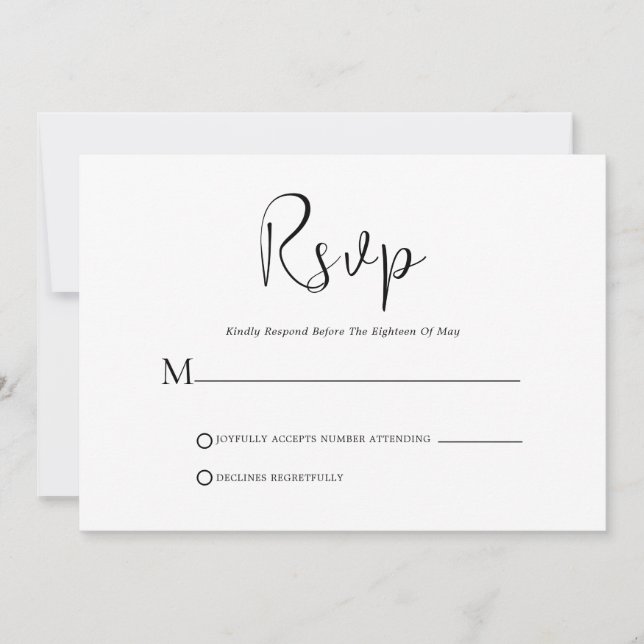 Script noir Whimsical sur carte RSVP blanche (Devant)
