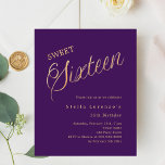 Script or violet élégant Sweet 16 invitation<br><div class="desc">Une invitation Sweet 16 moderne. Un arrière - plan violet et le mot Seize écrit avec de grandes lettres. Personnalisez et ajoutez un nom et des détails du parti. 1 feuille = 1 invite imprimé bord à bord.</div>