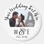 Script Personnalisé Texte Fridge Magnet Wedding Fa<br><div class="desc">Police SCRIPT CALLIGRAPHIE personnalisée imprimé modèle RONUND Photo Fridge Les faveurs de mariage de l'aimant. Modèle personnalisé sur l'avant de l'aimant de réfrigérateur photo, disponible en 3 tailles : 1, 25", 2, 25" et 3" de diamètre. HAUT TEXTE - instruction mariage principale. Remplacez IMAGE par votre couple mariage, fiançailles, photo...</div>