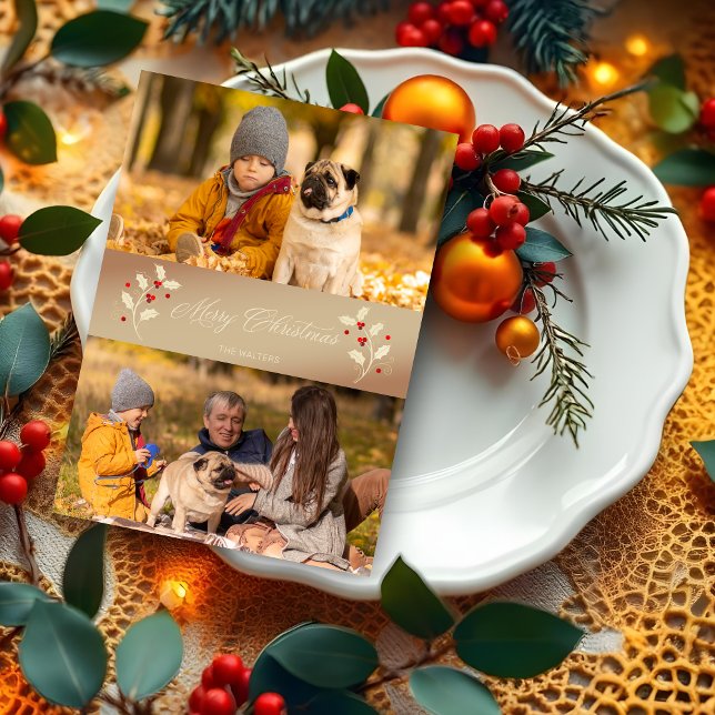 Script photo à thème Noël Botanique Holly (Christmas Botanical Holly Branches Themed 2 Photos Script Holidays Cards.)