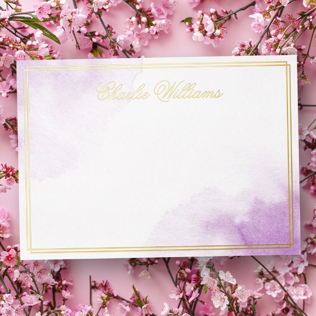 Script romantique violet feuille d'aquarelle carte (Romantic script purple watercolor foil notecard)