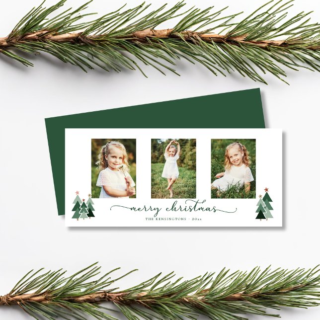 Script rustique Arbres de Noël Holiday 3 Photo (Rustic Script Christmas Trees Holiday 3 Photo Card)