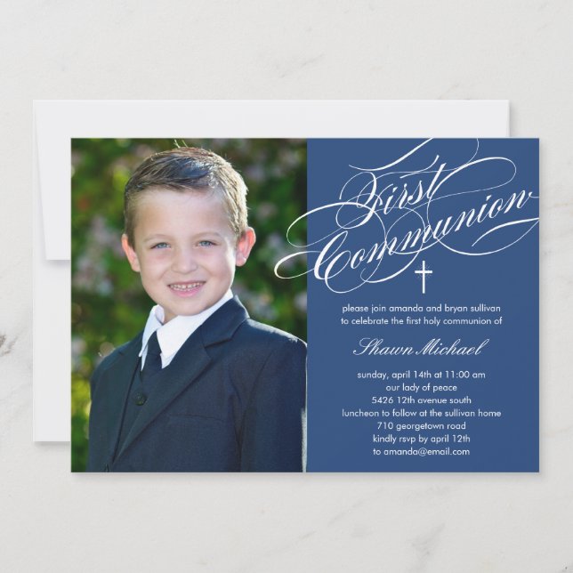 Script stylish First Communion Invitation - Bleu (Devant)
