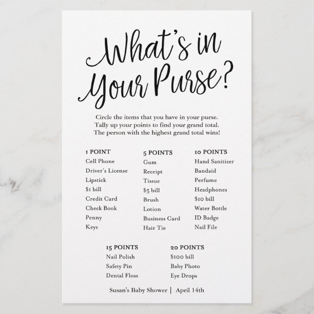 Script What's in Your Purse Baby shower Game Card (Devant)
