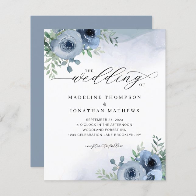 Script Whimsical BUDGET Floral Dusty Mariage bleu (Devant / Derrière)