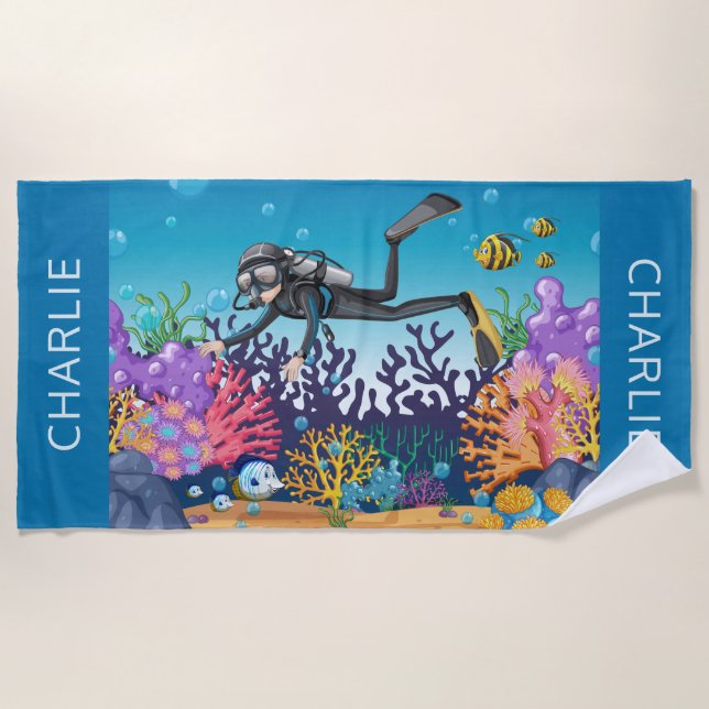 Scuba Diver nom personnalisé serviette de plage (Devant)