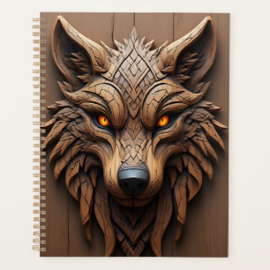 Sculpture de loup en bois d'art avec motifs géomét