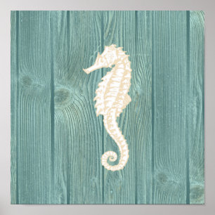 Sea Horse Vintage Aqua Wood Poster