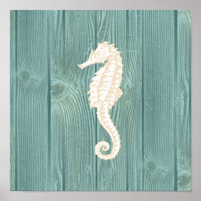 Sea Horse Vintage Aqua Wood Poster (Devant)