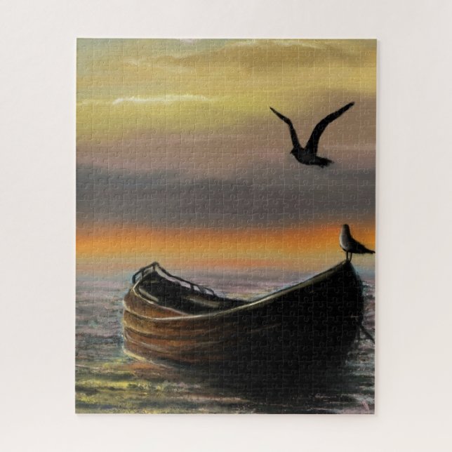 Sea Sunset Boat et Seagull Puzzle cadeau (Vertical)