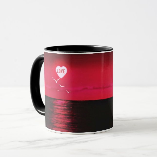 Sea Sunset Heart Sun Love Texte Black Red Mug Cade (Devant gauche)
