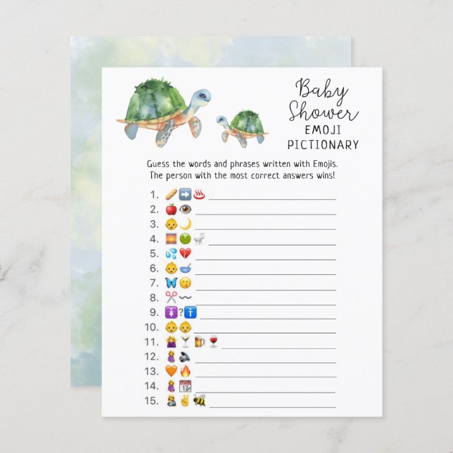 Sea Turtle - Emoji jeu d'images baby shower (Devant / Derrière)