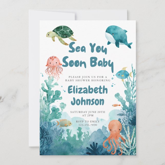 Sea You Soon Baby Invitation Watercolor Code QR Bé (Devant)