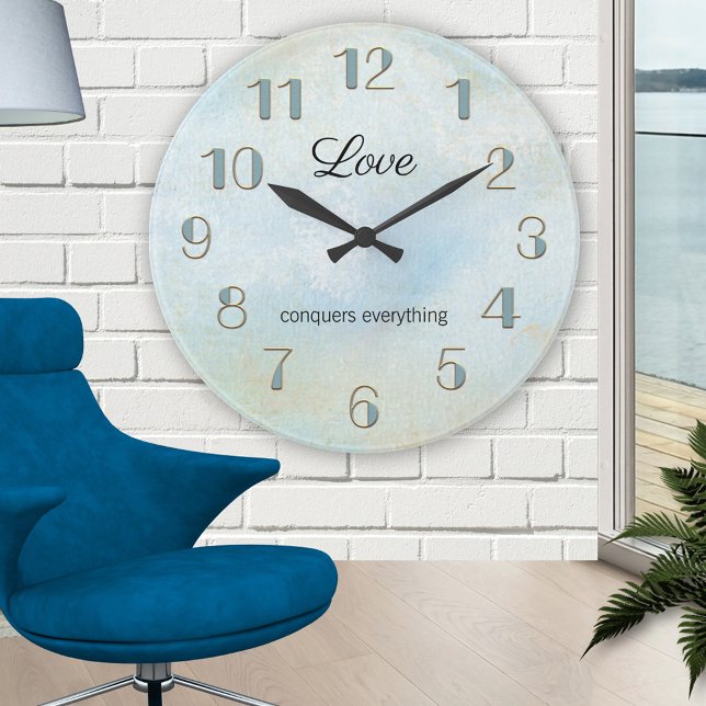 Seafoam Artistic Beach Love Horloge murale (Wall clock featuring an artistic painted seafoam colored design with gold teal numbers)