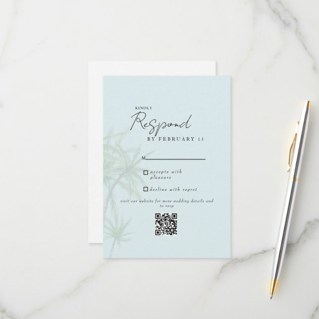 Seafoam Tropical Modern Mariage QR Code RSVP II (Devant/Arrière en situation)
