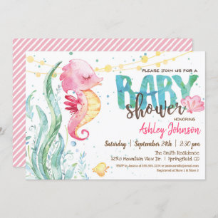 Seahorse, invitation Baby shower fille
