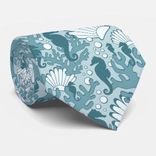Seahorse Shell Coral Motif Cravate Turquoise