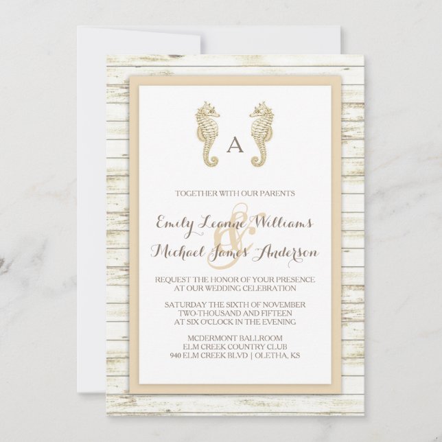 Seahorse Whitewashed Wood Beach Wedding Invitation (Devant)