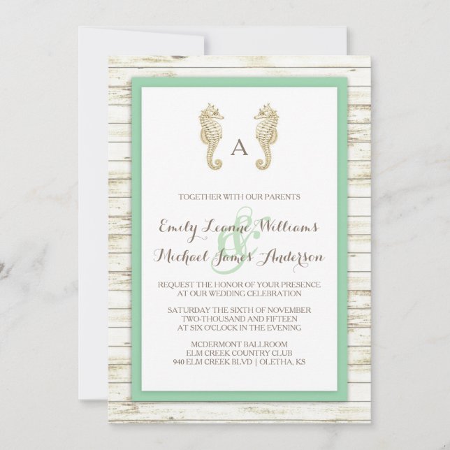 Seahorse Whitewashed Wood Beach Wedding Invitation (Devant)