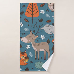 Seamless pattern with forest animals on blue backg