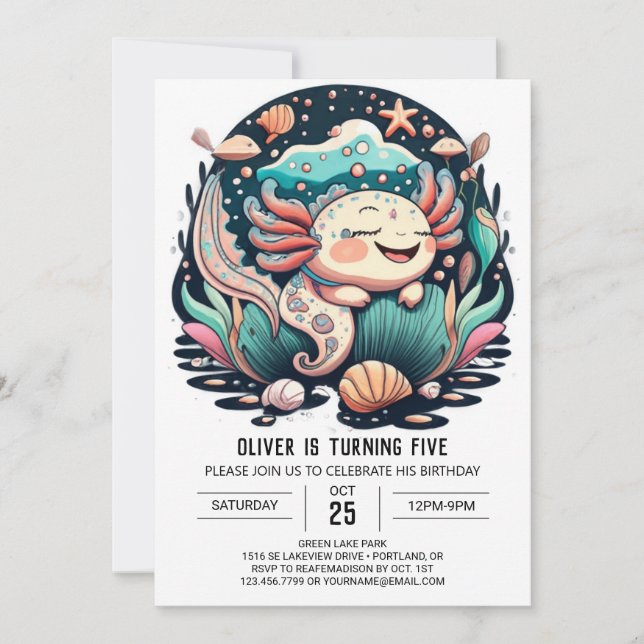Seashell Axolotl Invitation Anniversaire (Devant)