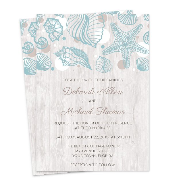 Seashell blanchi Wood Beach Mariage Invitation (Seashell Whitewashed Wood Beach Wedding Invitations from Artistically Invited on Zazzle.)
