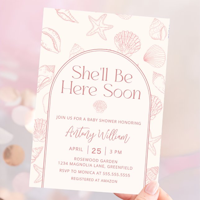 Seashell She'll Be Here Baby Shower Invitation (Créateur téléchargé)