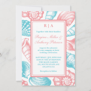Seashells Beach Wedding Invitation Pink Blue White