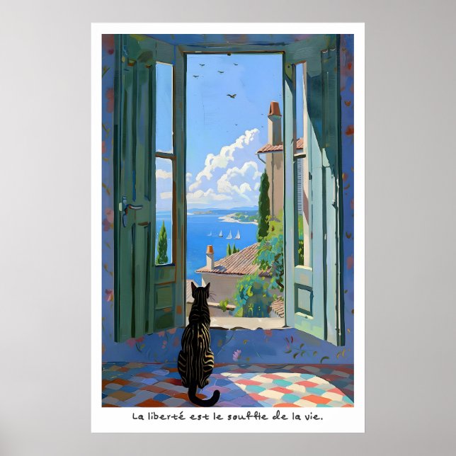 Seaside Cat Art Print French Typography Poster (Devant)