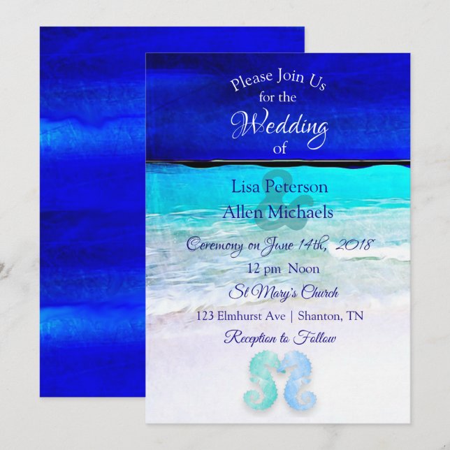 Seaside Seahorses Blue Beach Invitations de mariag (Devant / Derrière)