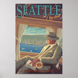 Seattle par avion - affiche de voyage de