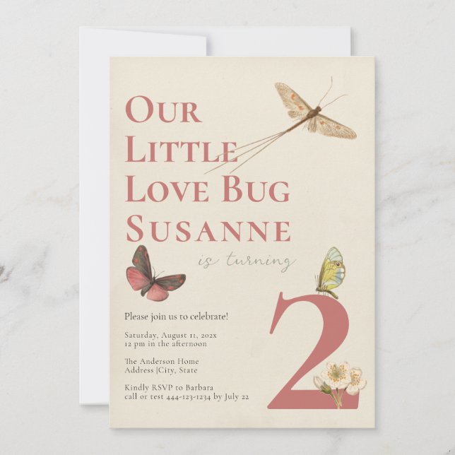 Second Anniversaire Amour Bug Baby Girl Invitation (Devant)