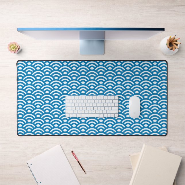 Seigaiha, Vagues, Japonais, Bleu et Blanc (Bureau 1)