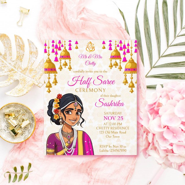 Semi-Saree cérémonie budget invitation mignonne fi (Half saree ceremony budget invitation template cute Indian girl in a pink sari cartoon gold bells )