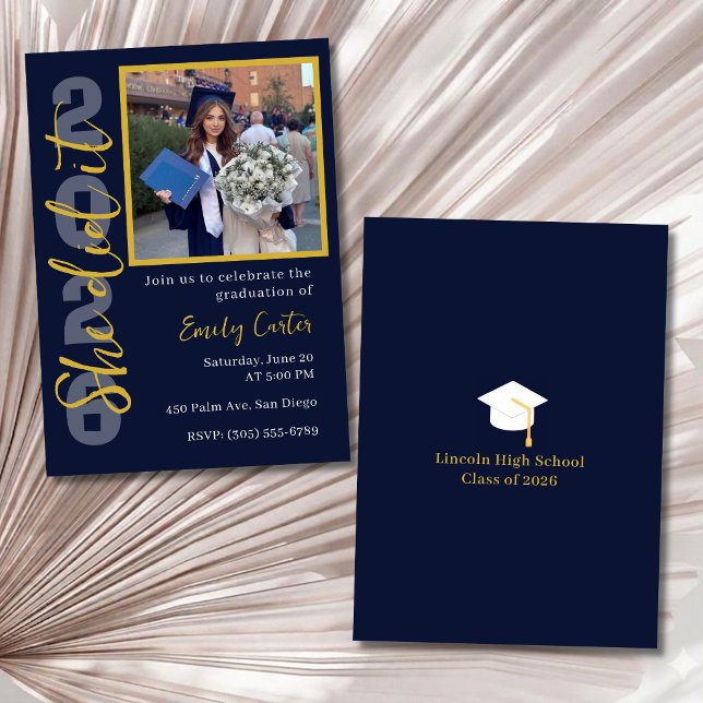 Senior 2026 Graduation Photo Invitation Navy Gold (Créateur téléchargé)