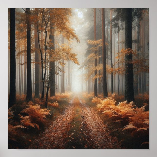 Sentier de la forêt brumeuse en automne – Affiche  (Devant)