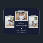 Sentiments joyeux Snapshot Photo Magnet<br><div class="desc">Photo aimable sentiment instantané aimant. Caractéristiques,  3 photos encadrées avec accents de ruban lavi style scrapbook,  deux lignes de texte modèles pour votre message,  noms et année avec détail coeur en blanc sur bleu marine arrière - plan.</div>