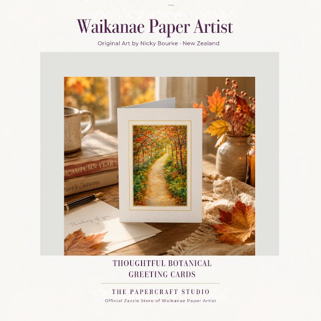 Sentiments pour Vous Chemin de forêt automnale (Elegant botanical pathway card with autumn colour and original art by Nicky Bourke, New Zealand.)