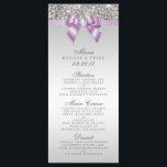 Séquins d'argent Lilac Bow Menu Mariage<br><div class="desc">Élégant menu personnalisé mariage en argent et lilas avec un beau motif de paillettes en argent imprimé, un joli arc et ruban imprimé lilas brillant et joli bijou en diamant imprimé. VEUILLEZ NOTER : Il s'agit de graphiques imprimés à plat - pas de vrais arcs, paillettes ou pièces surélevées. Le...</div>